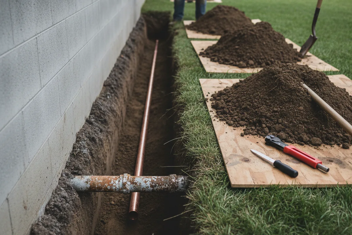 Excavated water line trench during Sewer Line Repair in Gambrills